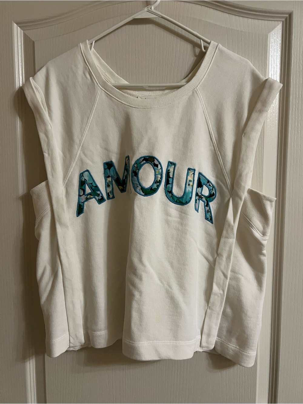 Anthropologie White Girls' Sleeveless Sweatshirt with Teal 'AMOUR' Appliqué